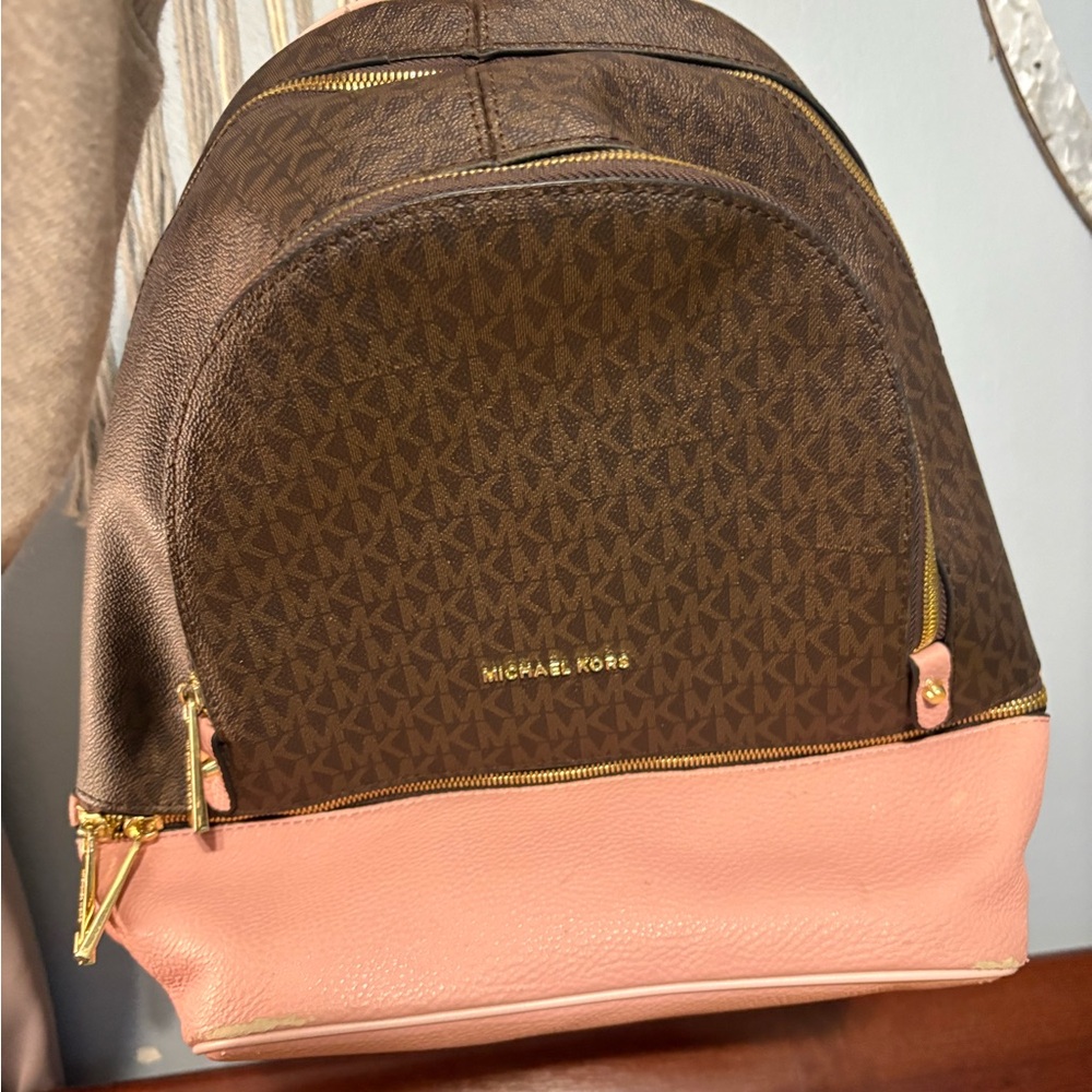 Michael Kors Signature Brown and Pink Backpack